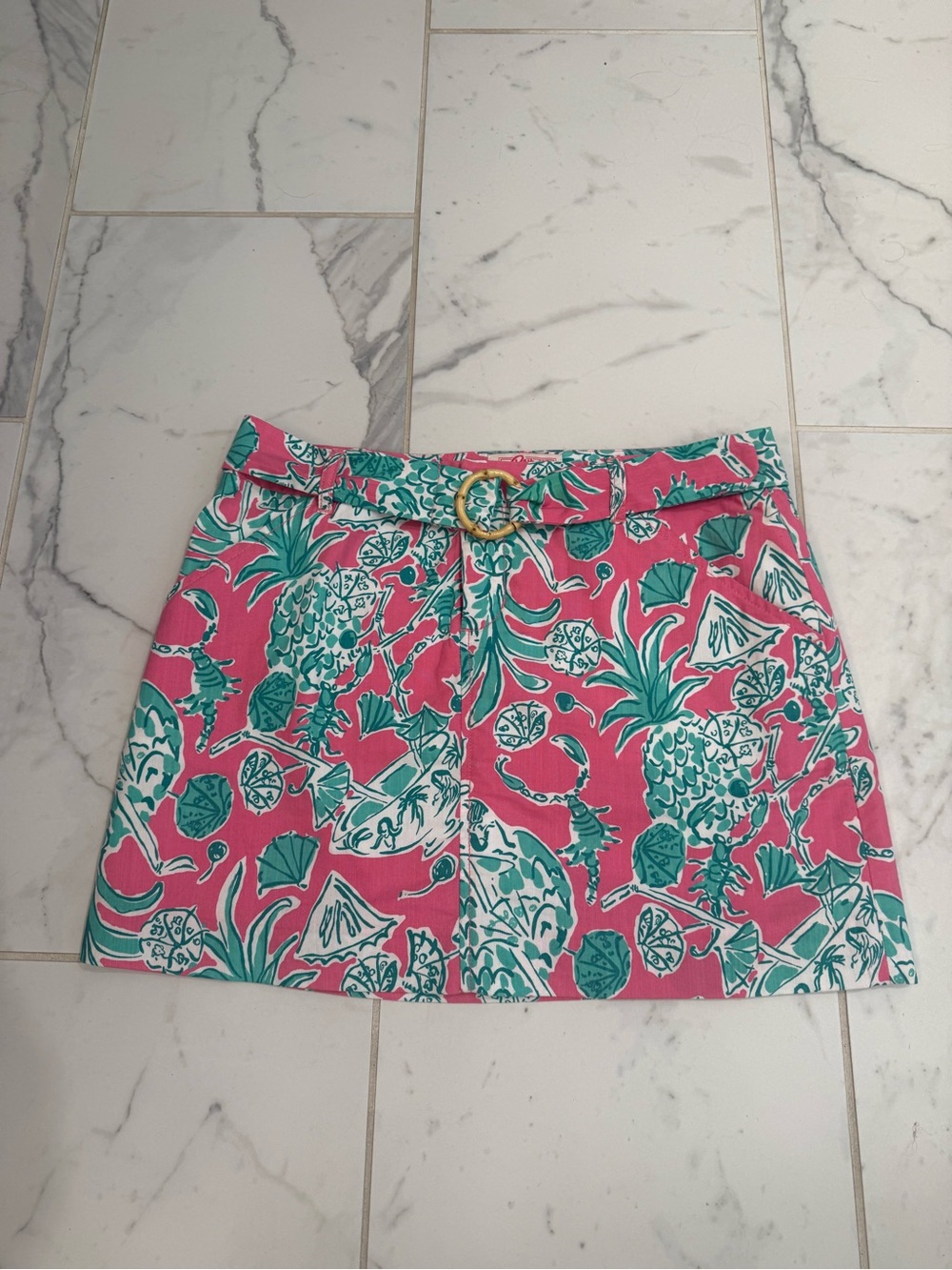 Lilly Pulitzer Women’s Pink Mini Skirt with Green Pineapple Print and Belt